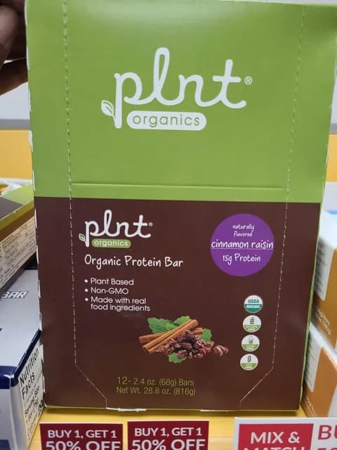 Plnt Organics Organic Cinnamon Raisin Protein Bar