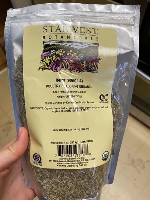 Starwest Botanicals Poultry Seasoning Organic Salt Free Seasoning Blend