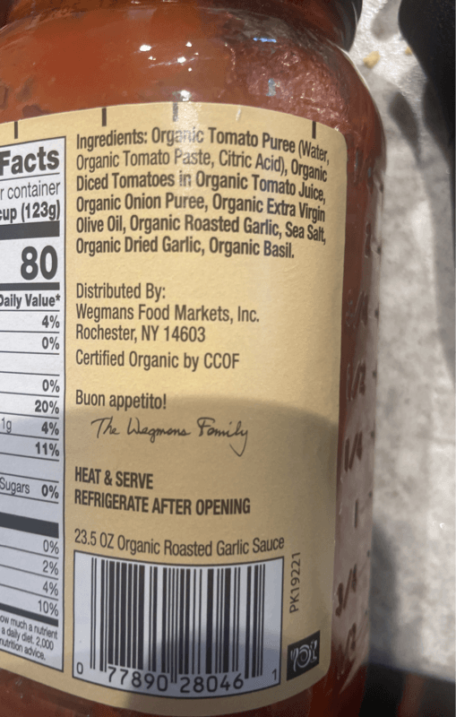 Wegmans Organic Italian Classics Roasted Garlic Sauce
