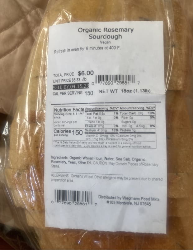 Wegmans Organic Rosemary Sourdough