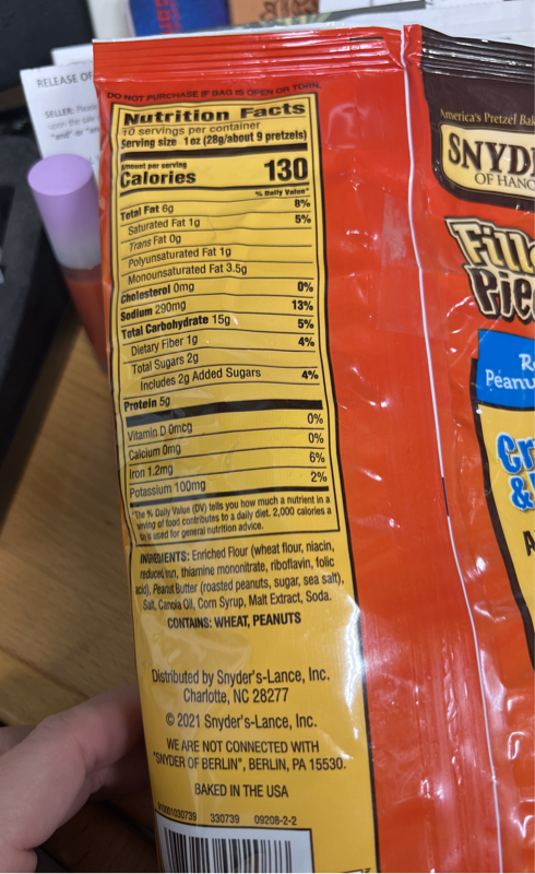 Is it Gluten Free? Snyders Of Hanover Pretzel Pieces Filled Real Peanut Butter