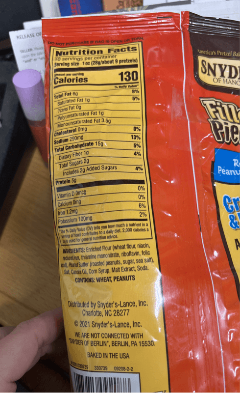 Is it Milk Free? Snyders Of Hanover Pretzel Pieces Filled Real Peanut Butter