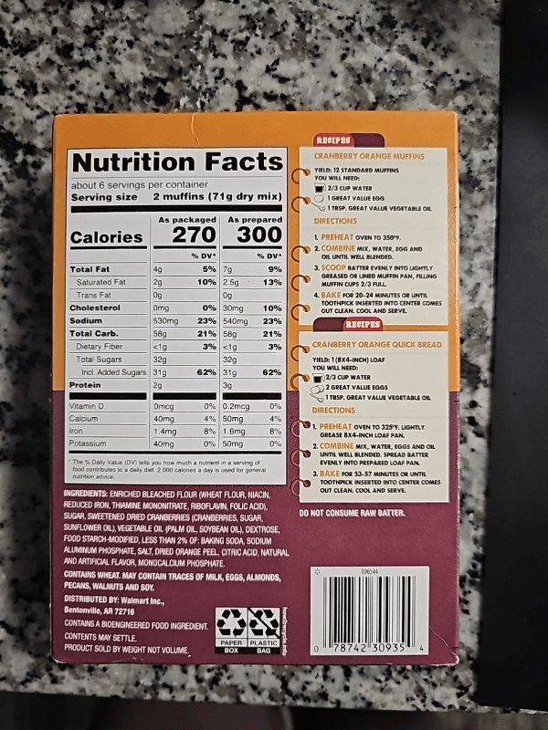 Great Value Cranberry Orange Flavored Muffin & Quick Bread Mix