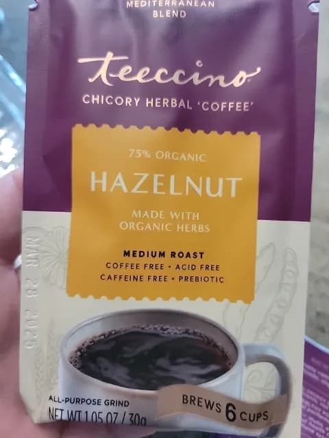 Teeccino Chicory Herbal 'Coffee' 75% Organic Hazelnut Medium Roast