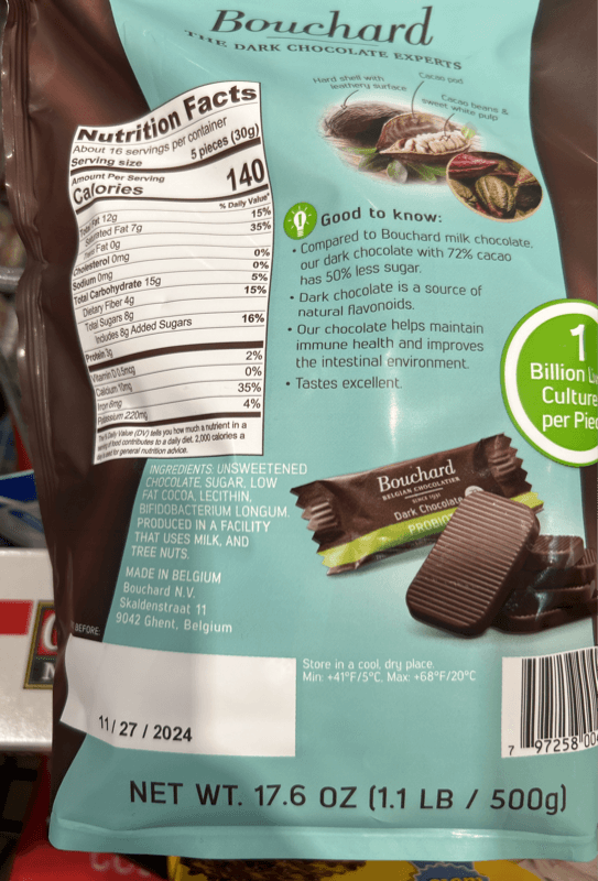 Bouchard Probiotic Dark Belgian Chocolate 72% Cacao