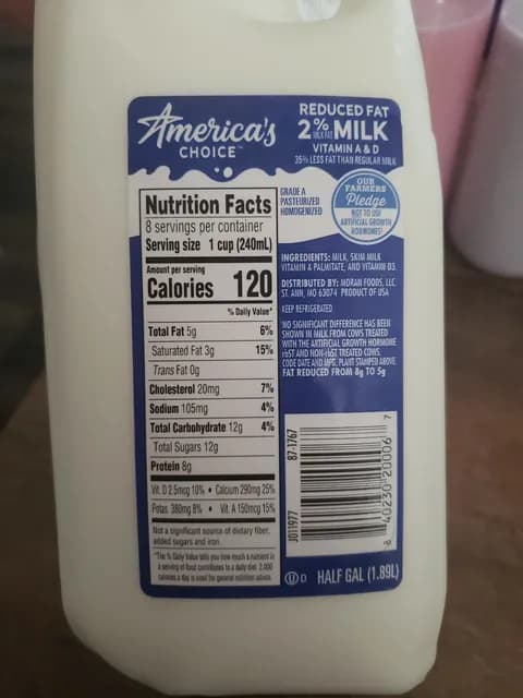 America'S Choice 2% Reduced Fat Milk