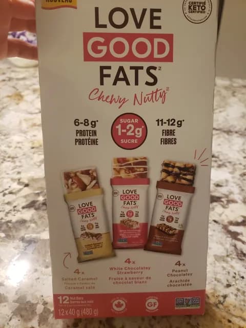 Love Good Fats Chewy Nutty 12 Nut Bars: 4X Salted Caramel Flavour, 4X White Chocolatey Strawberry, 4X Peanut Chocolatey