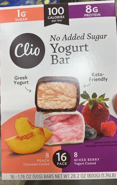 Clio No Added Sugar Yogurt Bar Variety Pack: Peach Chocolate Coated And Mixed Berry Yogurt Coated