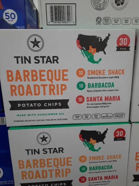Tin Star Barbeque Road Trip Potato Chips 10 Smoke Shack, 10 Barbacoa, 10 Santa Maria