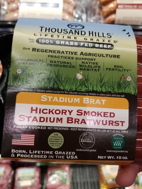 Thousand Hills Lifetime Grazed 100% Grass Fed Beef Hickory Smoked Stadium Bratwurst