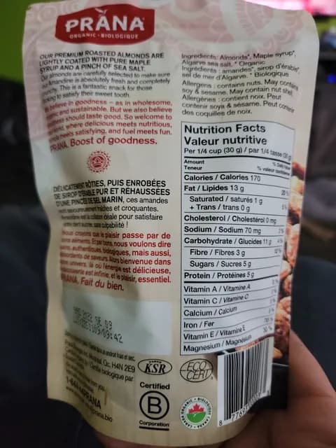 Prana Organic Amandine Maple Almonds