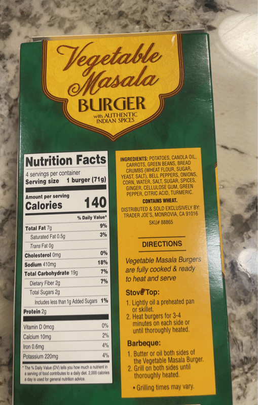 Trader Joe'S Vegetable Masala Burger With Authentic Indian Spices, 4 Burgers