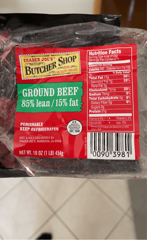 Trader Joe'S Butcher Shop Ground Beef 85% Lean 15% Fat