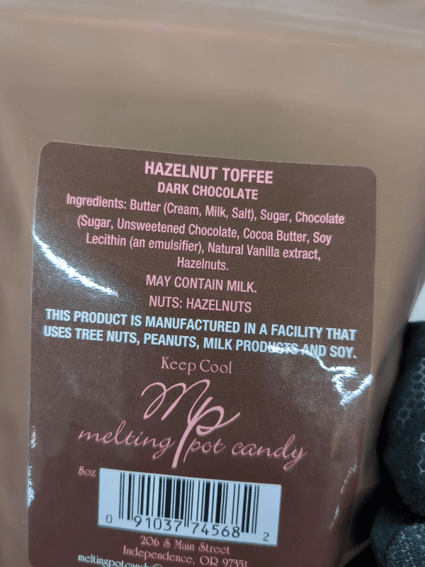 Melting Pot Candy Oregon Hazelnut Toffee Dark Chocolate