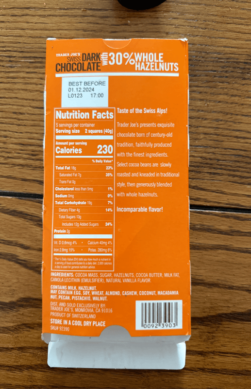 Trader Joe'S Swiss Dark Chocolate With 30% Whole Hazelnuts