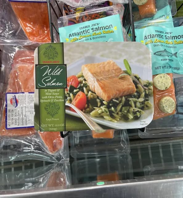 Trader Joe'S Wild Salmon In Yogurt & Mint Sauce With Orzo Pasta, Spinach & Zucchini