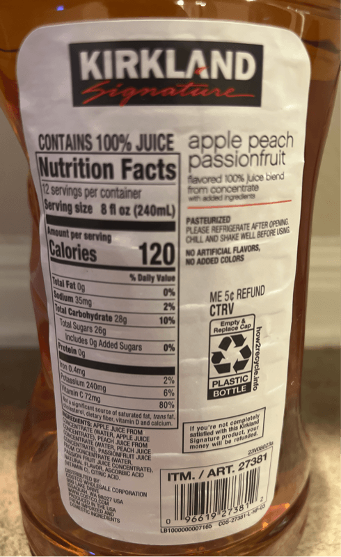 Kirkland Signature Apple Peach Passionfruit Juice Blend