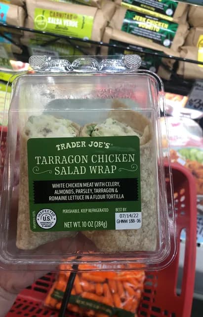 Trader Joe'S Tarragon Chicken Salad Wrap White Chicken Meat With Celery, Almonds, Parsley, Tarragon & Romaine Lettuce In A Flour Tortilla