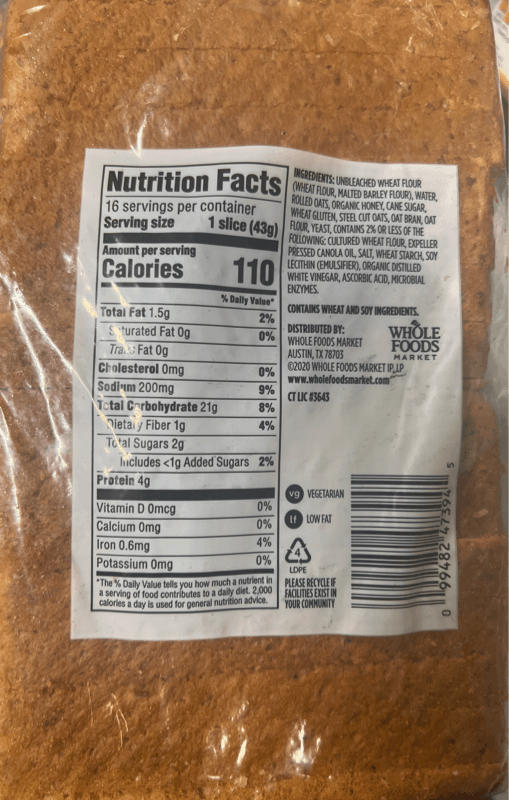 365 Whole Foods Market Touch O' Honey Oat Bread
