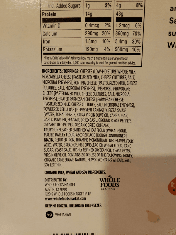 365 Whole Foods Market Four Cheese Thin Crust Pizza