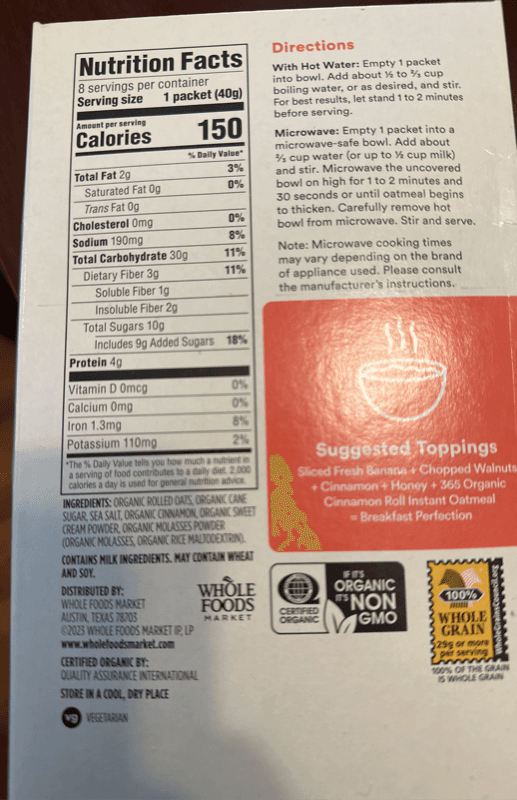 365 Whole Foods Market Instant Oatmeal Cinnamon Roll