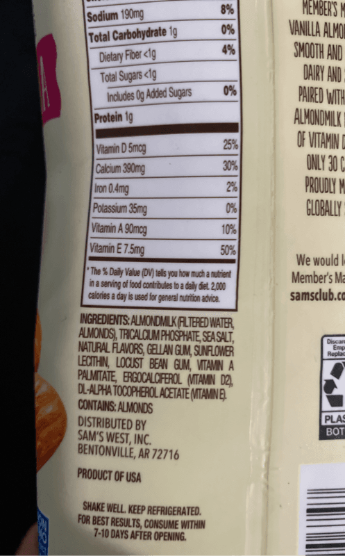 Member'S Mark Lactose Free Non-Dairy Almond Unsweetened Vanilla Flavor