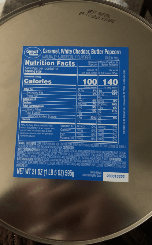 Walmart Great Value Caramel, White Cheddar, Butter Flavored Popcorn