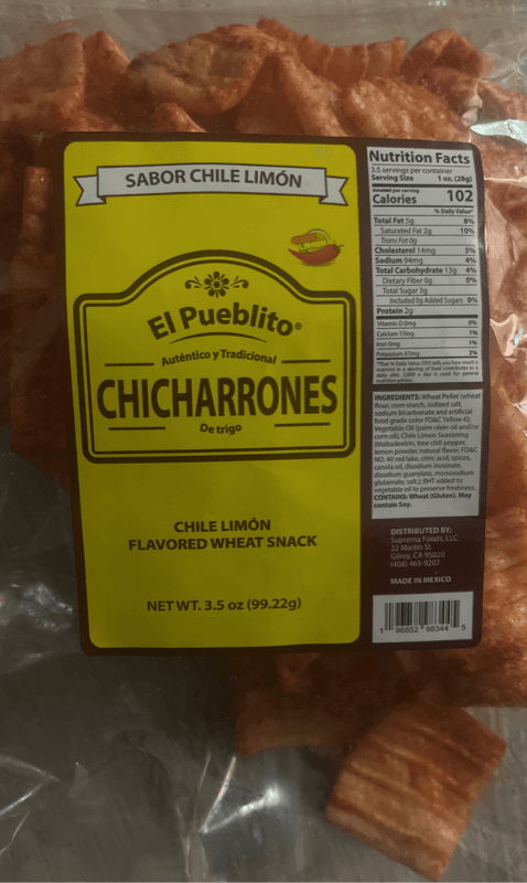 El Pueblito Chicharrones Chile Limon Flavored Wheat Snack