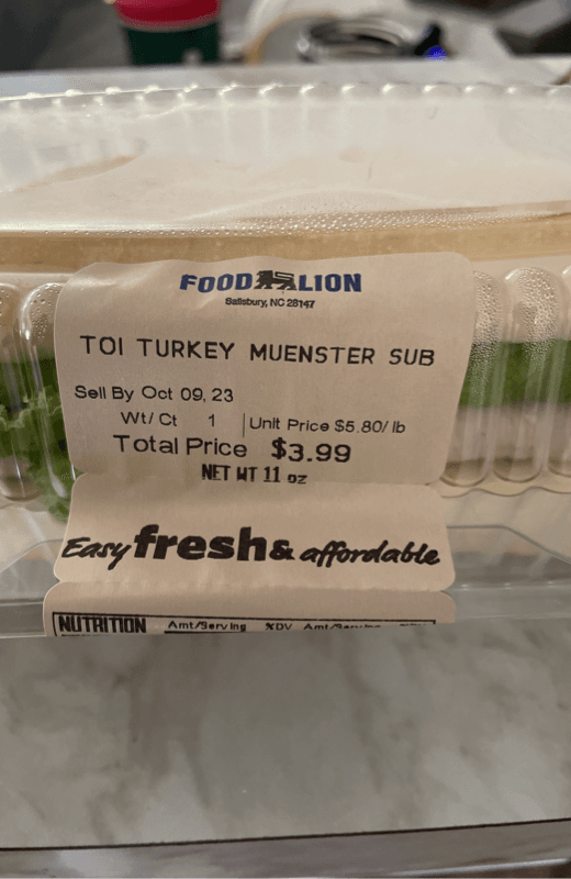 Food Lion Toi Turkey Muenster Sub