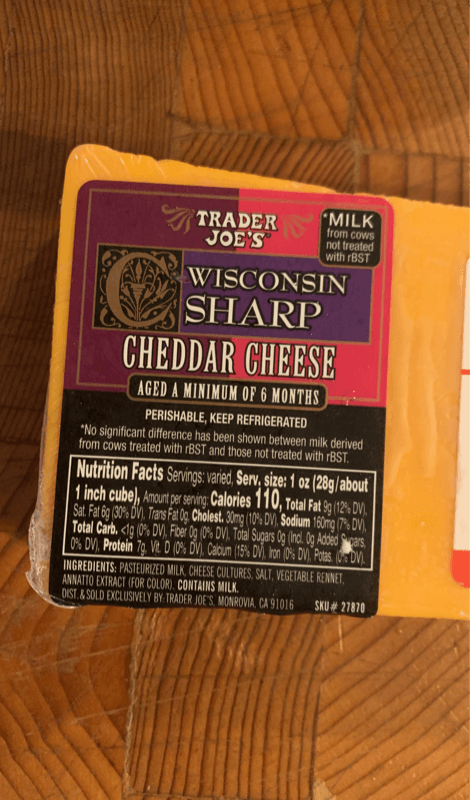 Trader Joe'S Wisconsin Sharp Cheddar Cheese Aged A Minimum Of 6 Months