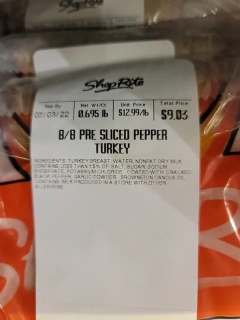 Shoprite B/B Pre Sliced Pepper Turkey