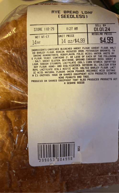 Tops Rye Bread Loaf (Seedless
