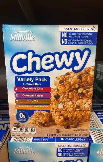 Is it Vegetarian? Millville Chewy Granola Bars Variety Pack: 4 Chocolate Chip, 2 Oatmeal Raisin, 2 S'mores, 2 Peanut Butter Chocolate Chip