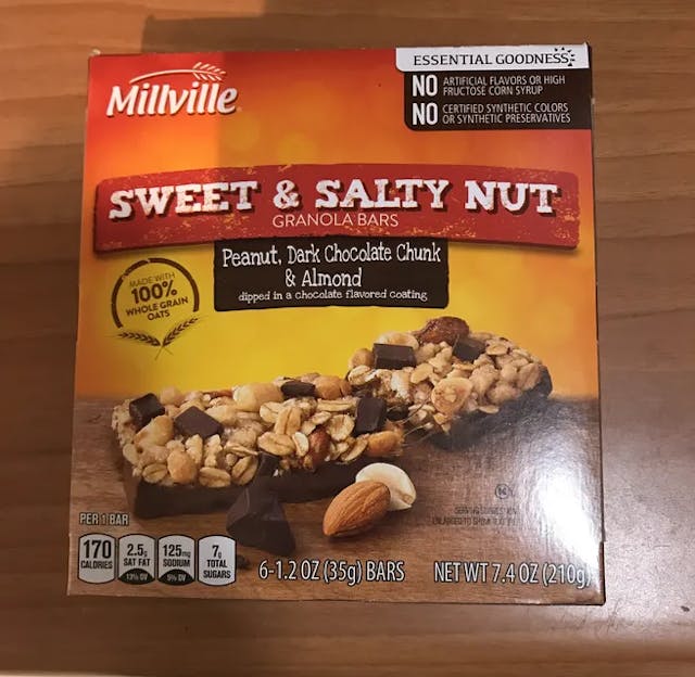 Is it Gluten Free? Millville Sweet & Salty Nut Granola Bars Peanut, Dark Chocolate Chunk & Almond