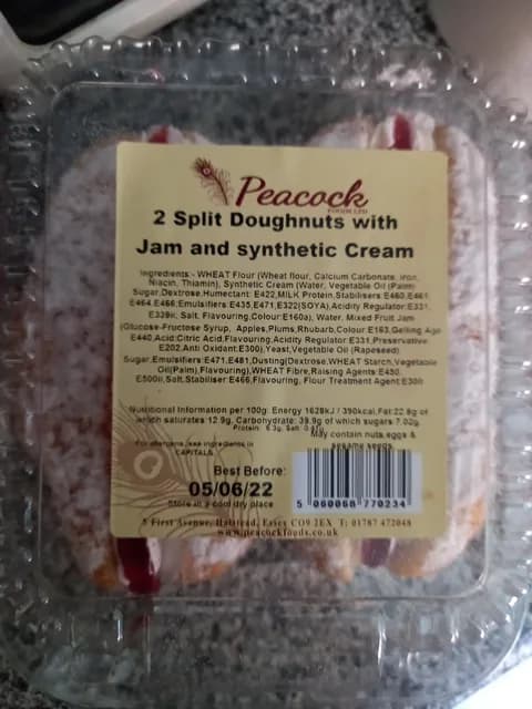 Peacock Foods Ltd 2 Split Doughtnuts With Jam And Synthetic Cream