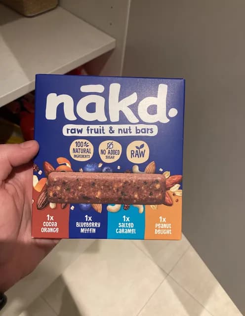 Nakd Raw Fruit & Nut Bars 1X Cocoa Orange, 1X Blueberry Muffin, 1X Salted Caramel, 1X Peanut Delight