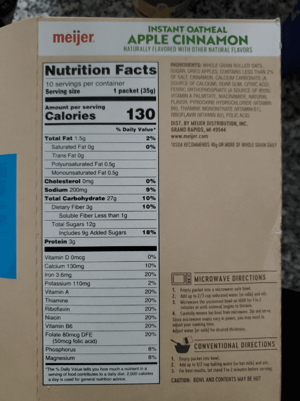 Meijer Apple Cinnamon Instant Oatmeal