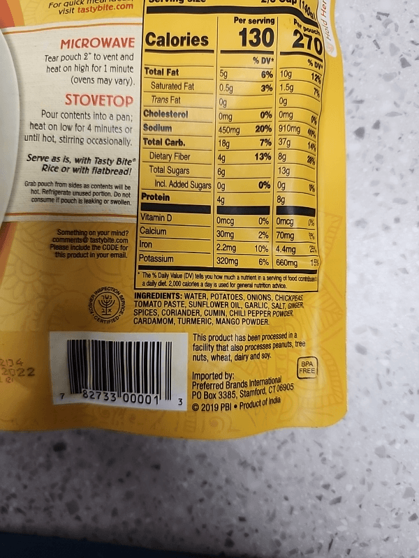 Is it Added Sugar Free? Tasty Bite Bombay Potatoes