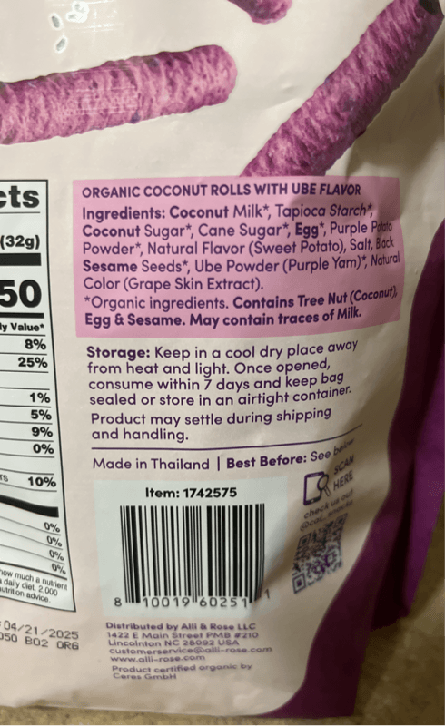 Tropical Fields Organic Coconut Rolls With Ube Flavor