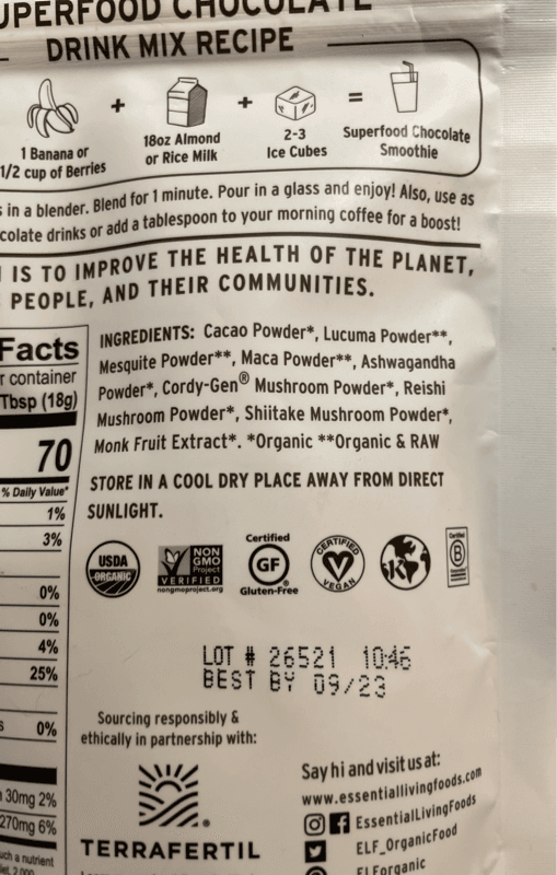 Essential Living Foods Organic Superfood Chocolate Drink Mix Cacao+Adaptogens