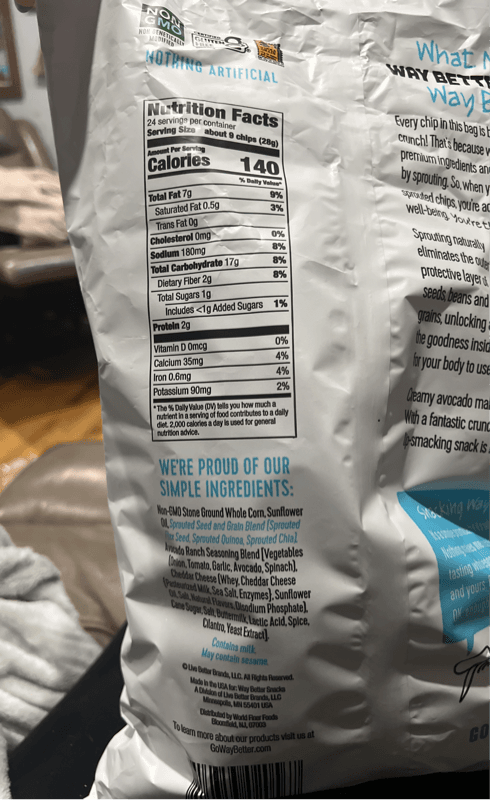 Way Better Snacks Avocado Ranch Whole Grain Corn Tortilla Chips