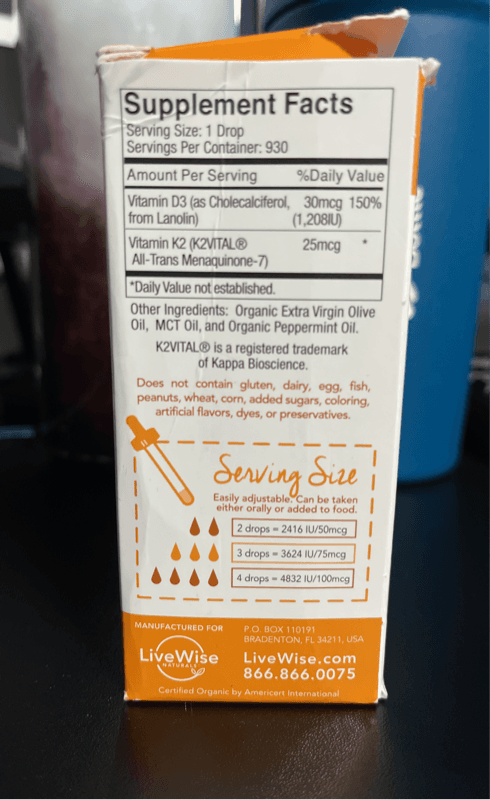 Livewise Naturals Peppermint Vitamin D3+K2 Dietary Supplement
