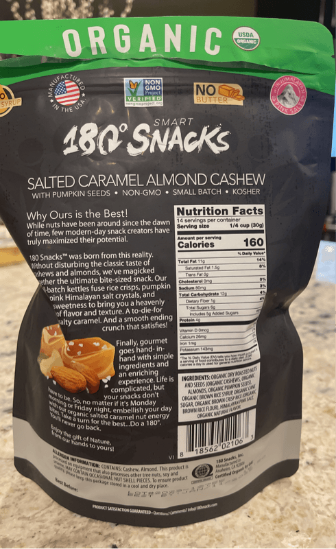 180° Smart Snacks Organic Salted Caramel Almond Cashew With Pumpkin Seeds