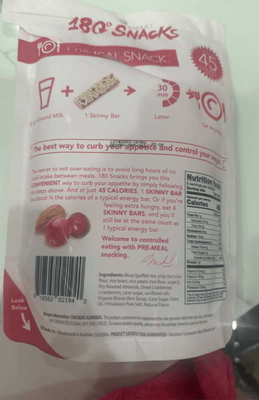 180° Snacks Skinny Rice Bar Almonds & Cranberries