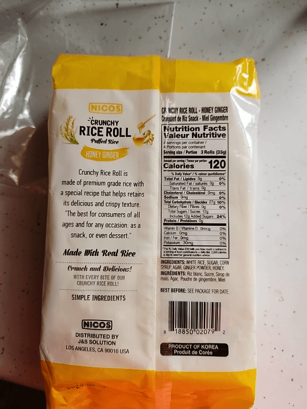 Nicos Crunchy Rice Roll Puffed Rice Honey Ginger