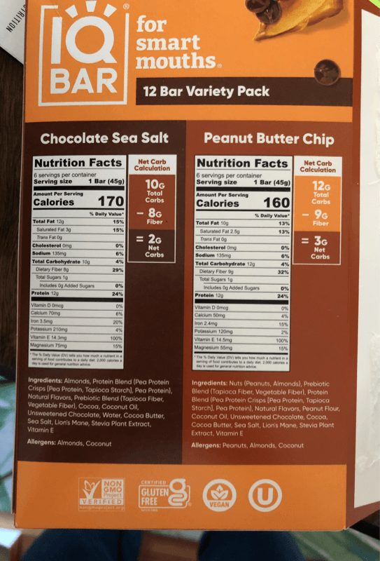 Iq Bar Peanut Butter Chip Chocolate Sea Salt 12 Bar Variety
