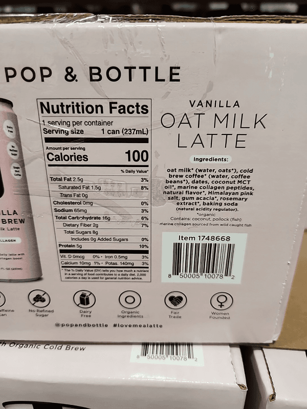Pop & Bottle Vanilla Oat Milk Latte With Collagen, 12 X