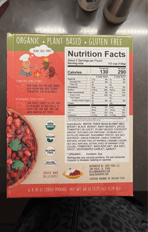 Beanvivo Organics Three Bean Vegan Chili Mild 6 Pouches