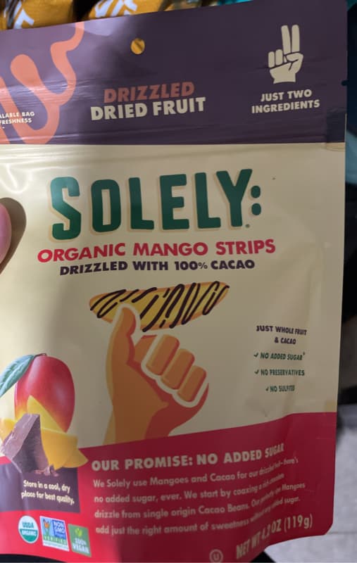 Solely Organic Mango Strips Drizzled With 100% Cacao