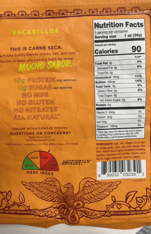 Vacadillos Carne Seca Air Dried Beef Habanero